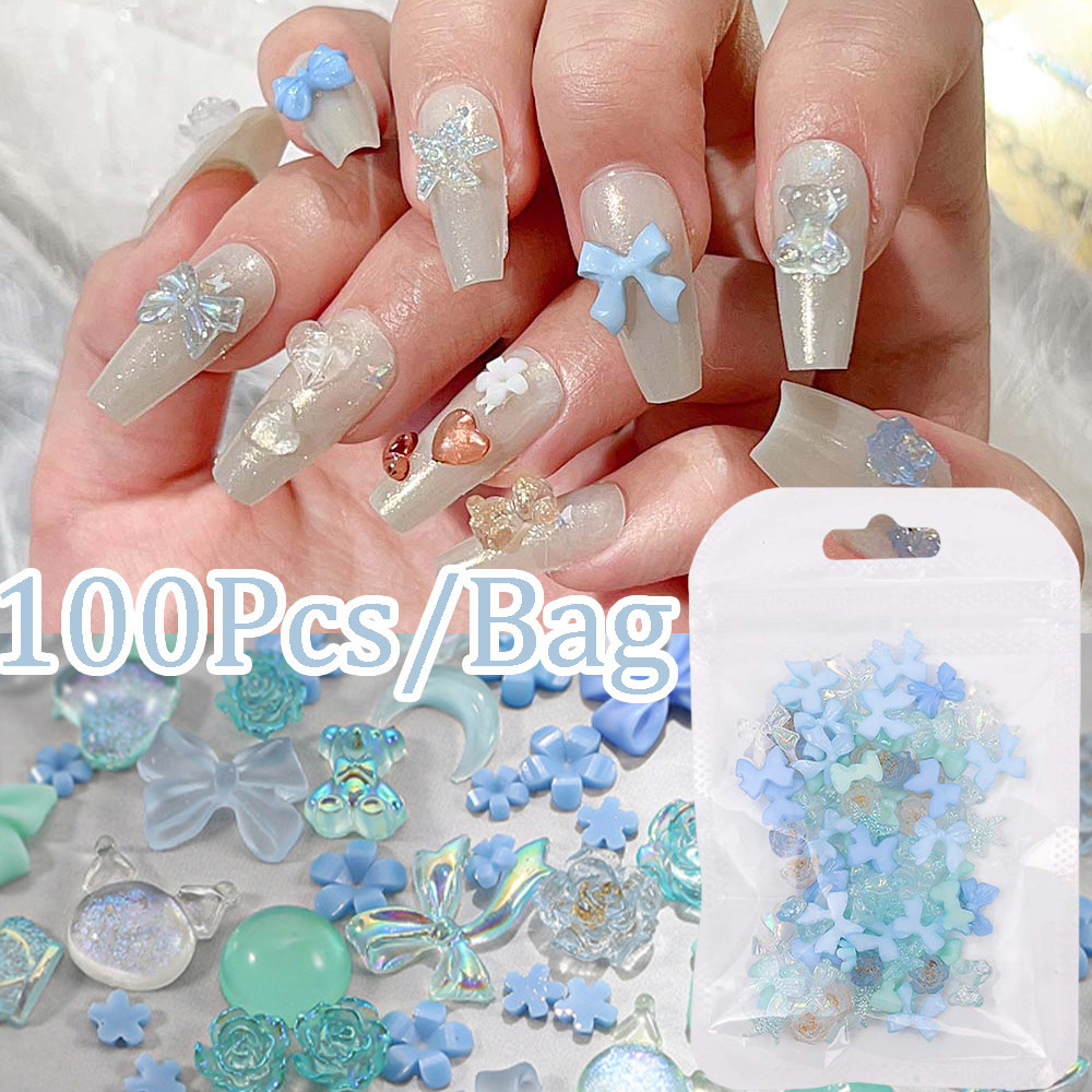 100 Pcs Butterfly Nail Art Jewelry-Acessórios De Manicure DIY-Ornamentos De Unhas Jelly Bowknot-Diamantes Para Decoração Candy Color-Transparente 3D Ice