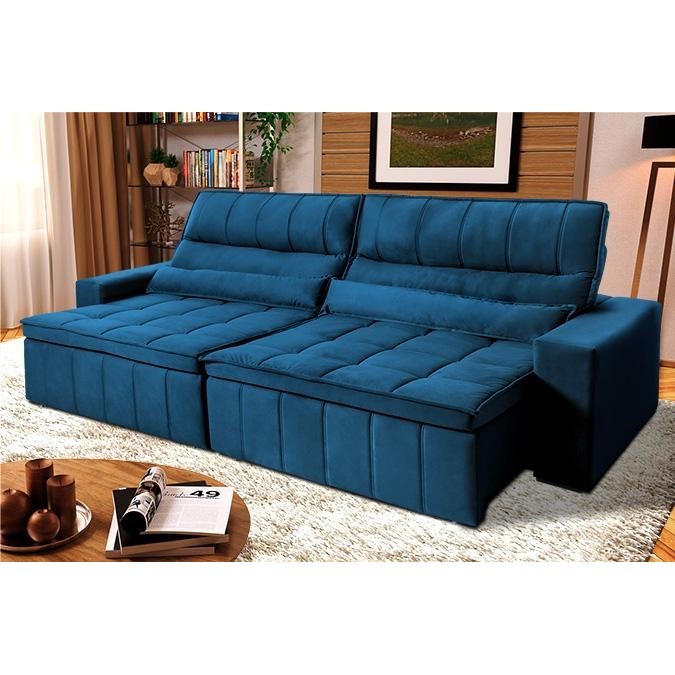 Sofá Retrátil Reclinável Supremo 2,30m Suede Velut Azul Marinho Molas no Assento - King House em Oferta na Shopee