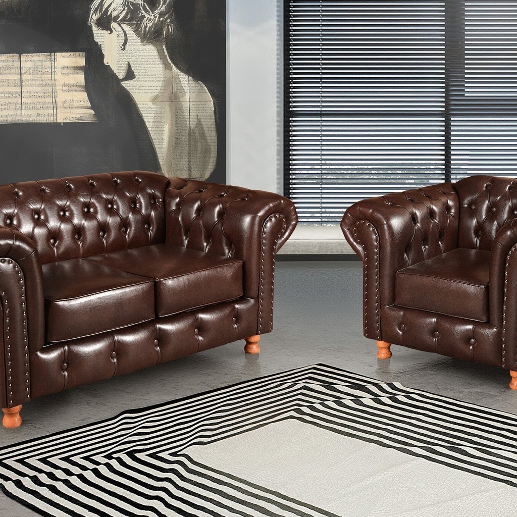 Conjunto Sofá 2 Lugares e Poltrona Luis Xv Chesterfield Vintage Café em Oferta na Shopee