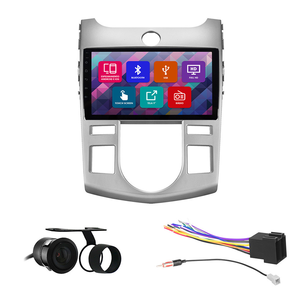 Kit Multimídia 9 Pol Cerato Ar Automático 2009 2010 2011 2012 Espelhamento Android Ios 2 Din Prata Camera Ré em Oferta na Shopee