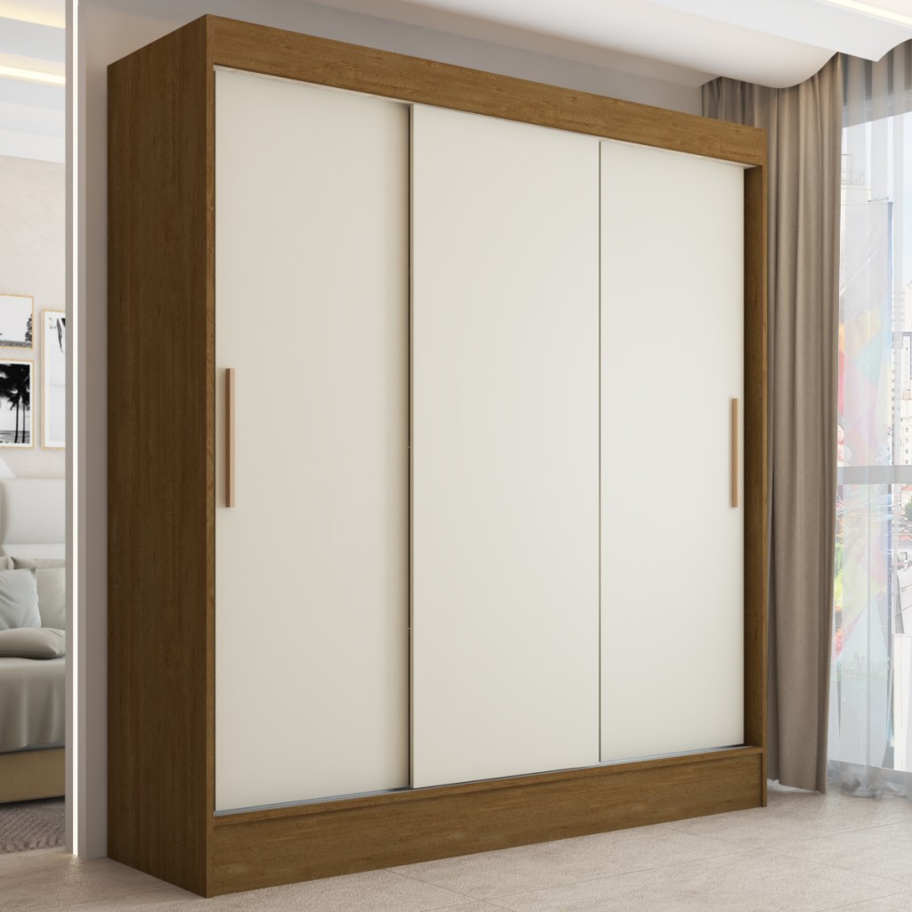 Guarda-Roupa Solteiro Atlanta 3 Portas de Correr 2 Gavetas Cinamomo/Off White - Panorama Móveis em Oferta na Shopee