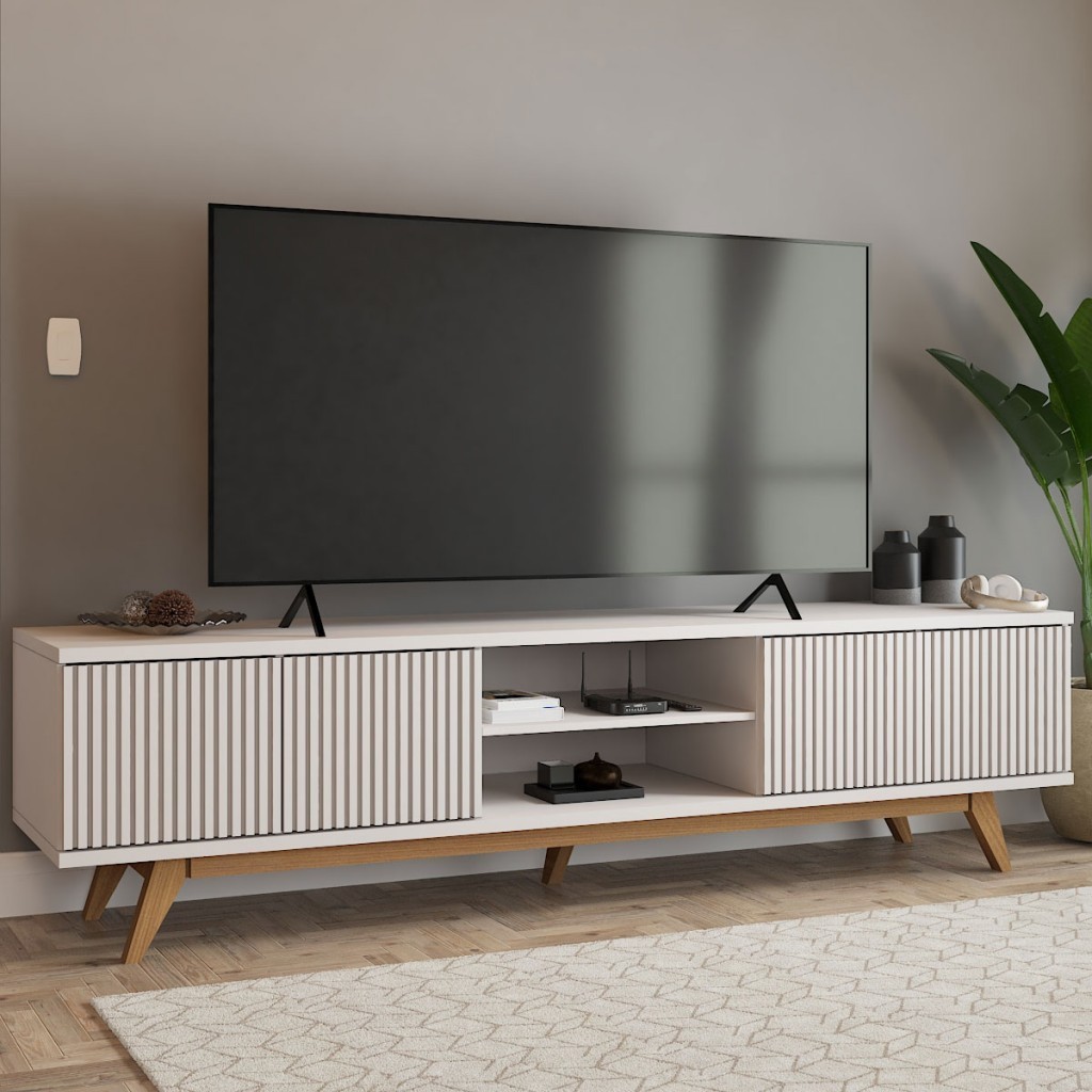 Rack para TV Até 75 Polegadas Silver 4 Portas 1 Prateleira Ripado Cinamomo/Off White - Pan...