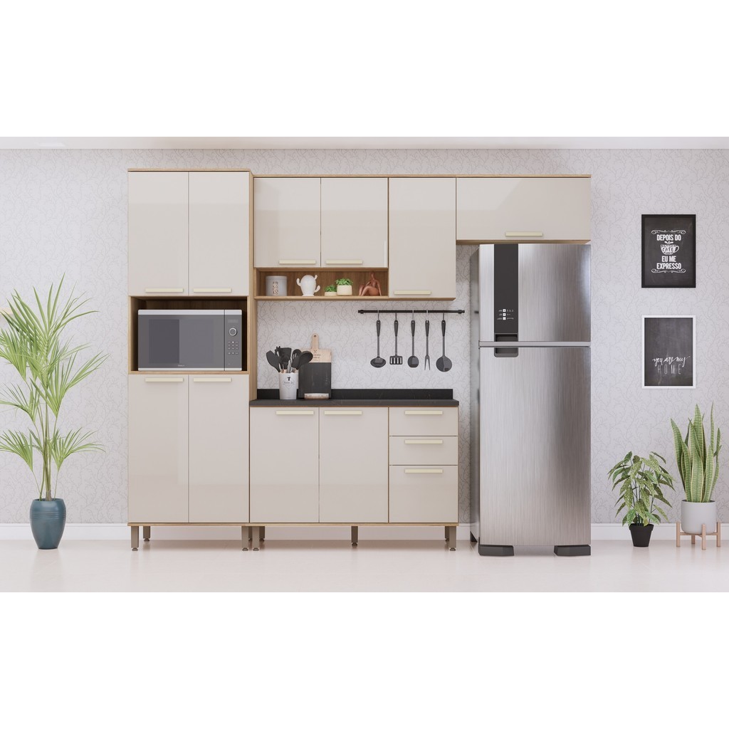 COZINHA COMPLETA MODULADA ISIS-TORRE-BALCÃO C/TAMPO-AEREO-ARMARIO 11 PORTAS AVELA/MOCCA -LUCIANE