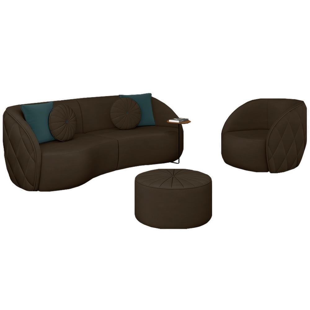Conjunto Decorativo Sofá 288cm e Poltrona Clarke com Puff Round Veludo Marrom G45 - Gran Belo
