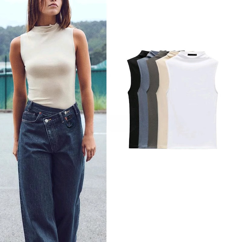 Za Spring Novo produto feminino gola alta Modal misturado camiseta sem mangas 3641842