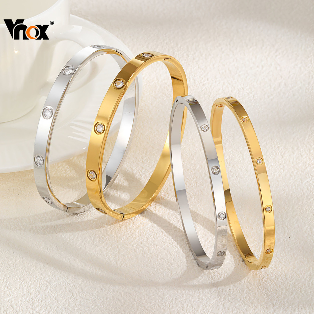 Pulseira Geométrica Cúbica De Zircônia Redonda Vnox Para Mulheres , Hipoalergênica Aberta De Aço Inoxidável Dourado , Pr em Oferta na Shopee