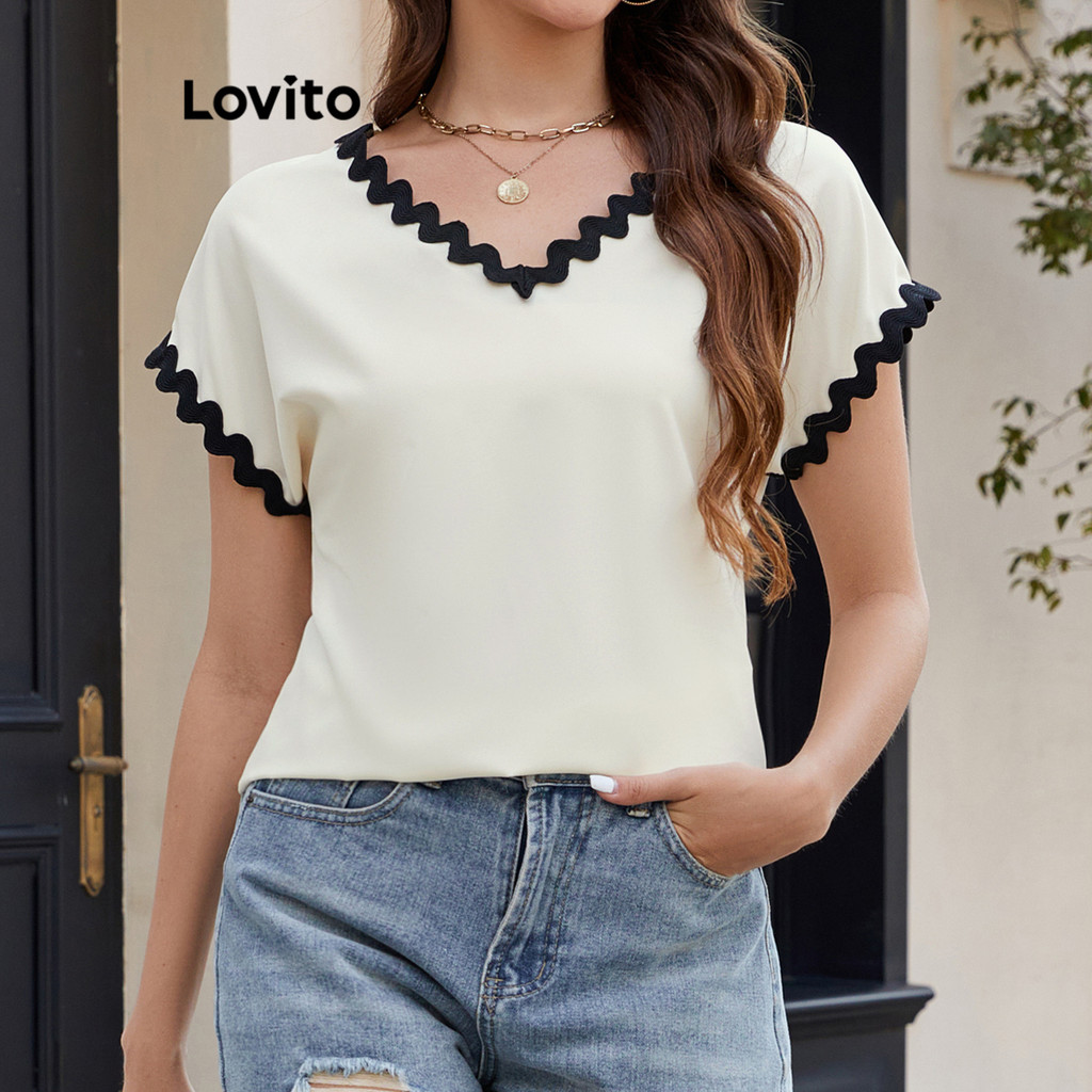 Lovito Blusa Casual Blusa Lisa Com Babados E Gola Para Mulheres LBL19435 - Women Clothes