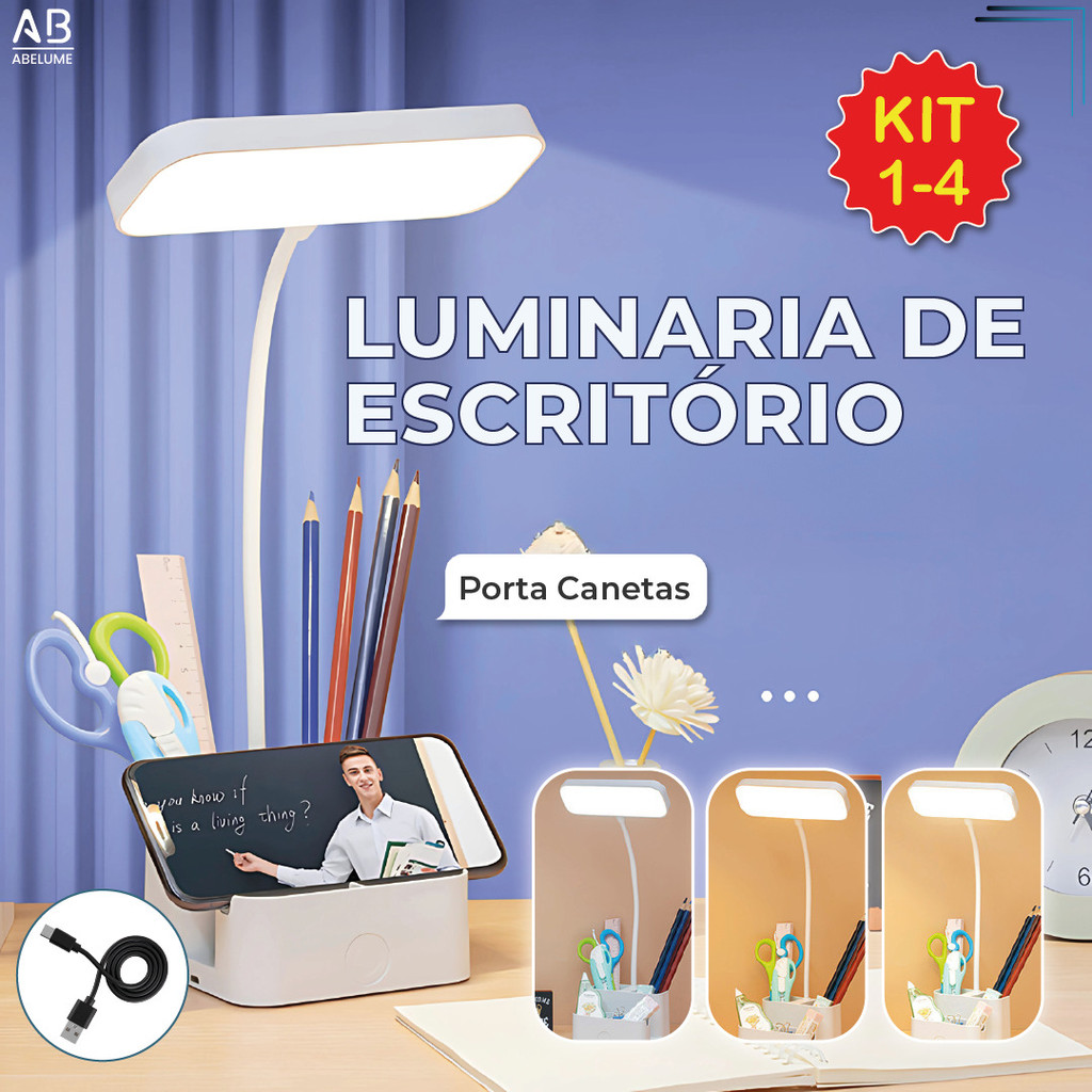 Luminária de Mesa Abajur Led Escritório Portátil Porta Canetas Recarregável USB 3 Tons de Luz em Oferta na Shopee