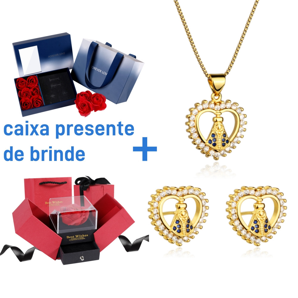 Kit Colar Brincos Delicado Coracao Luxo Conjunto Folheado a Platina Nossa Senhora Zircônia Cravejada