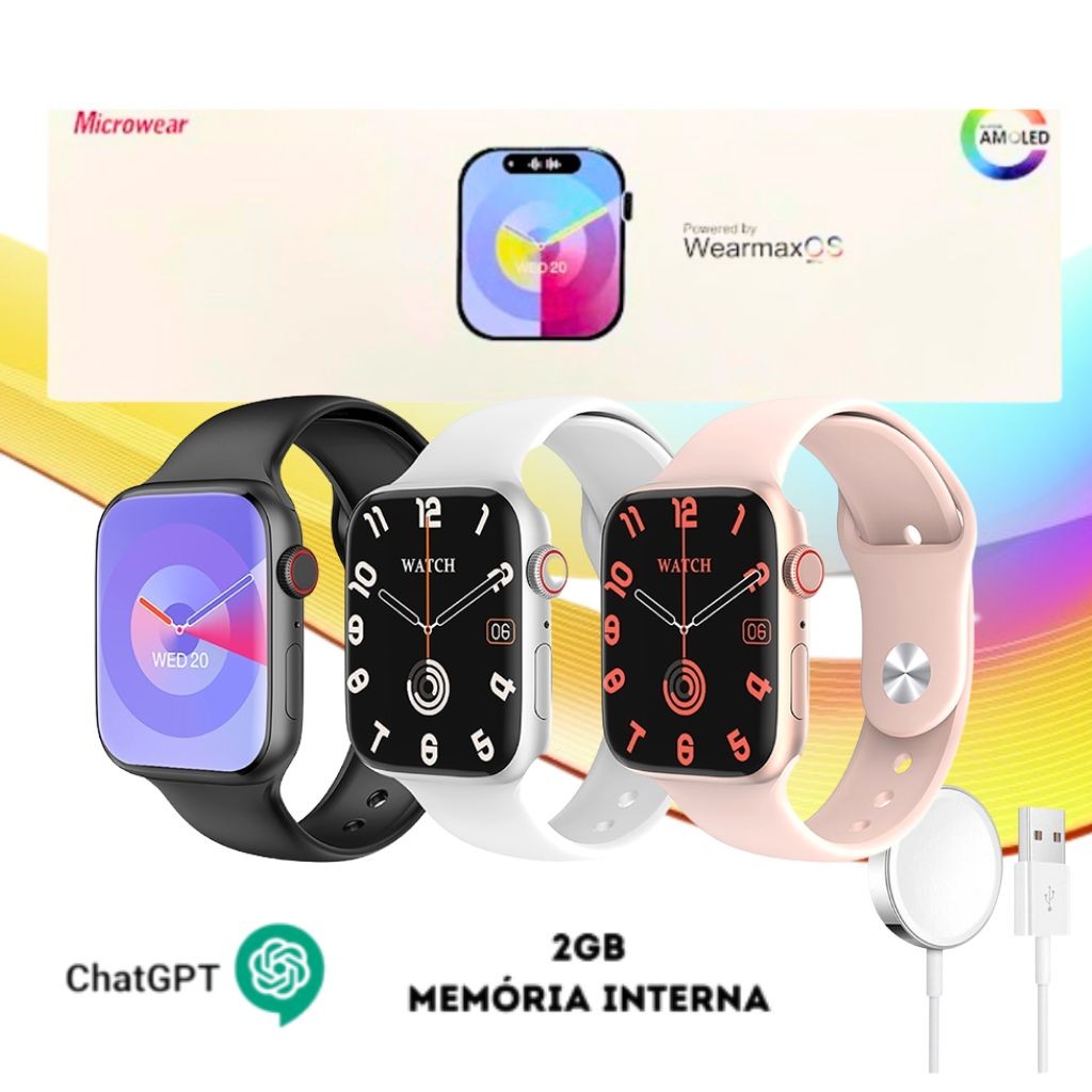 Smartwatch W99 + Plus Amoled Chat GPT Serie 10 45mm Ilha Dinamica GPS Microwear 2GB