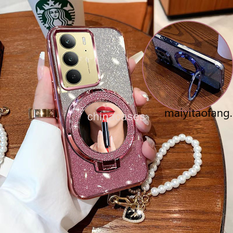Capa Para Realme C75 14X 4G 5G 2025 Luxo Suporte Magnético TPU flash Casca Macia Espelho De Maquiagem + Pulseira Caso De