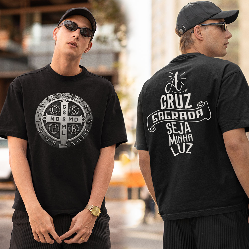 Camisa Algodão Premium Medalha São Bento Frase A Cruz Sagrada Seja Minha Luz Camiseta 100% Algodão em Oferta na Shopee