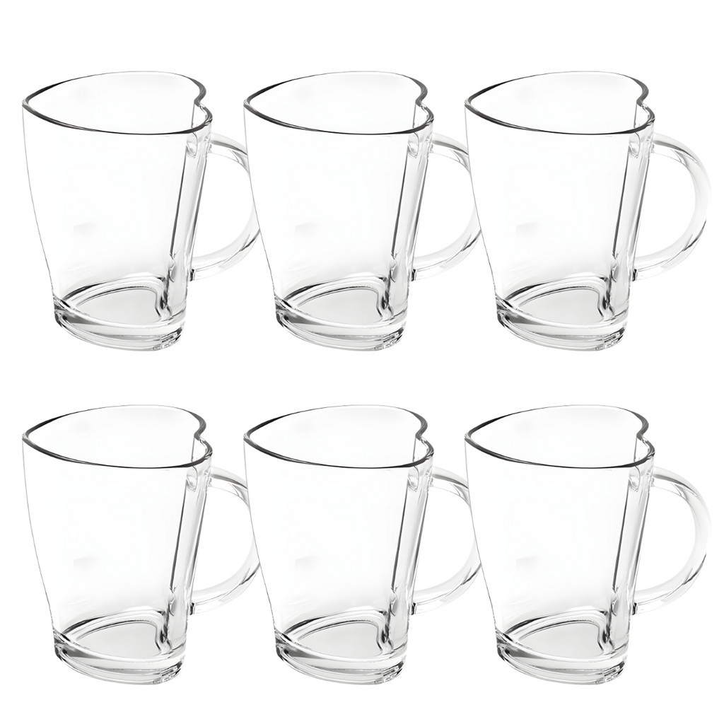 Kit 6 Canecas Formato de Coração De Vidro Xícara Heart Casual Para Chocolate - 240mL - Cla...