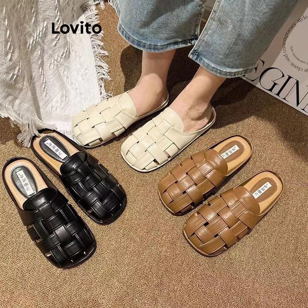 Lovito Casual liso francês tricô fundo macio antiderrapante usar fora da sandália plana para mulheres LFA71167 - Women Shoes