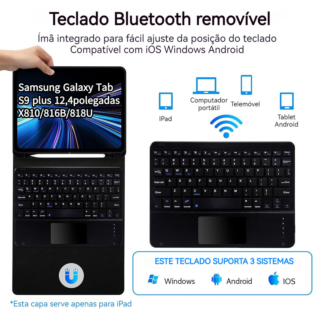 Capa com teclado touchpad Bluetooth Para Samsung Galaxy Tab S9 plus 12,4polegadas X810/816B/818U