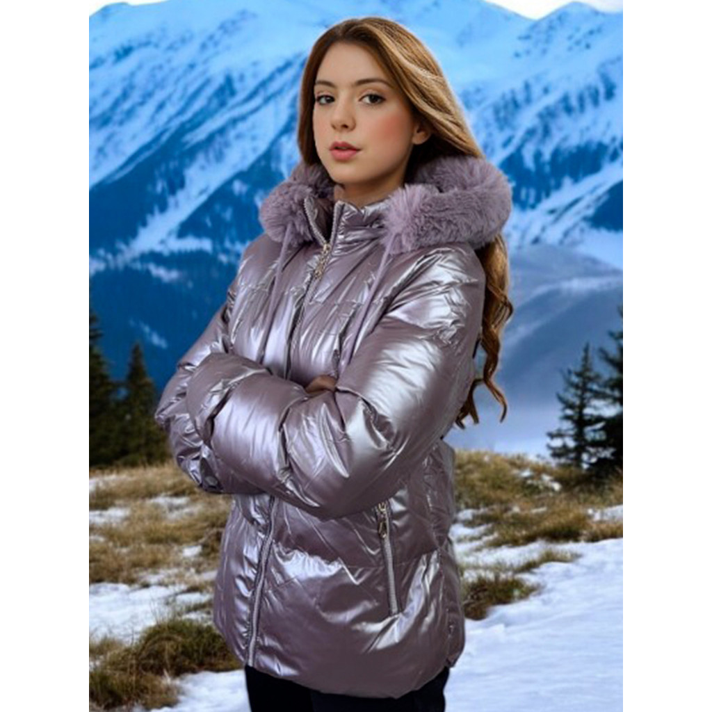Jaqueta Puffer Metalizada Juvenil Infantil Feminina com Capuz  Toda Peluciada