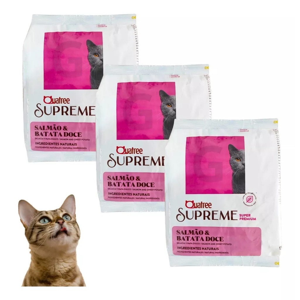 Kit C/3 Ração Quatree Supreme Premium Gato Adulto Salmão 1kg