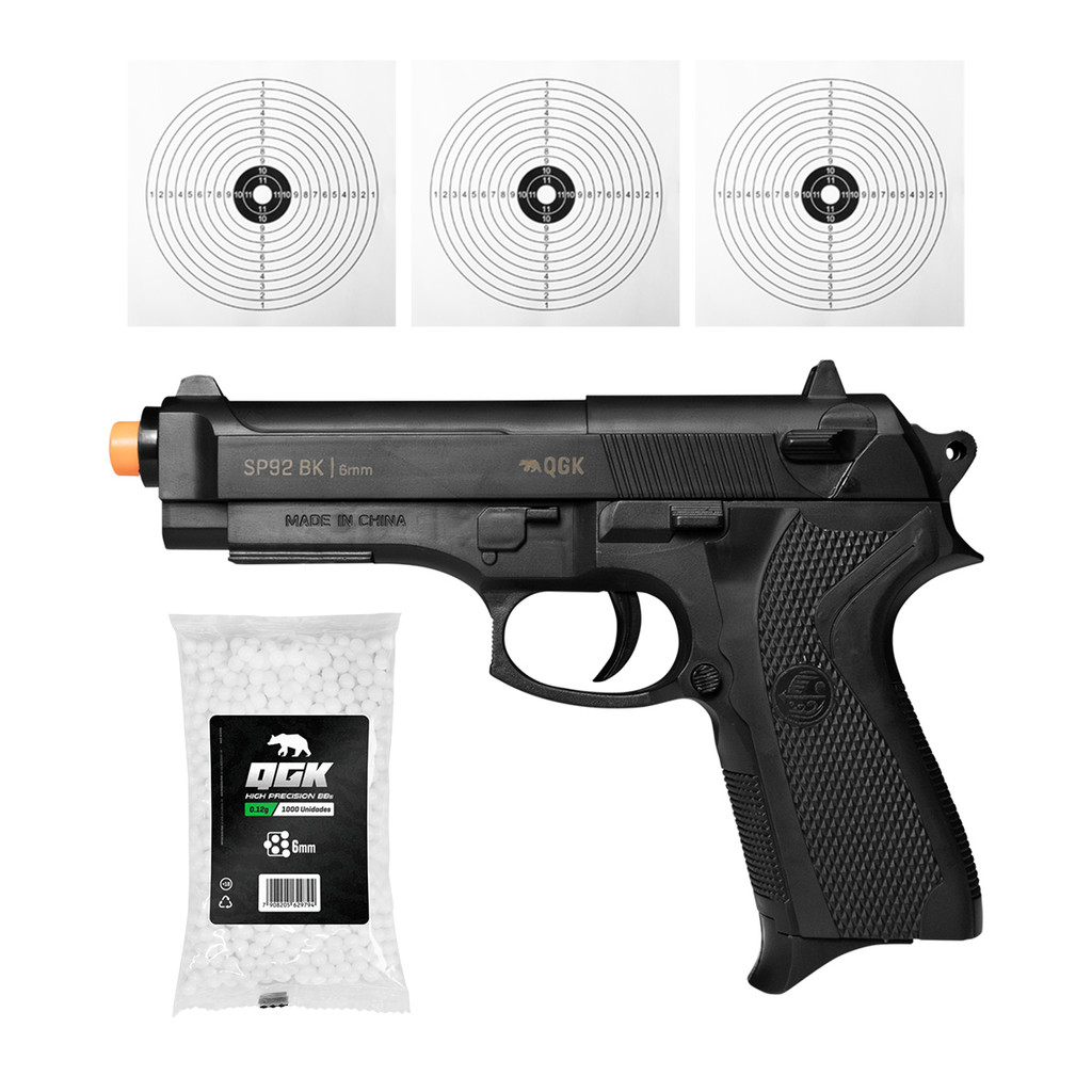 PISTOLA DE AIRSOFT SPRING SP92 6MM QGK + 1000 BBS + ALVO em Oferta na Shopee