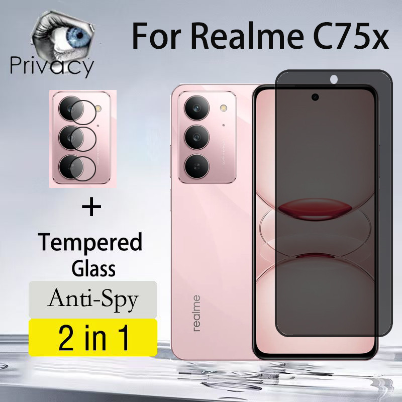 2 Em 1 Película Privacidade Realme C75x Protetor Anti-Espionagem Temperado Para Realme C75 C65 C55 C51 C53 C63 4G 5G