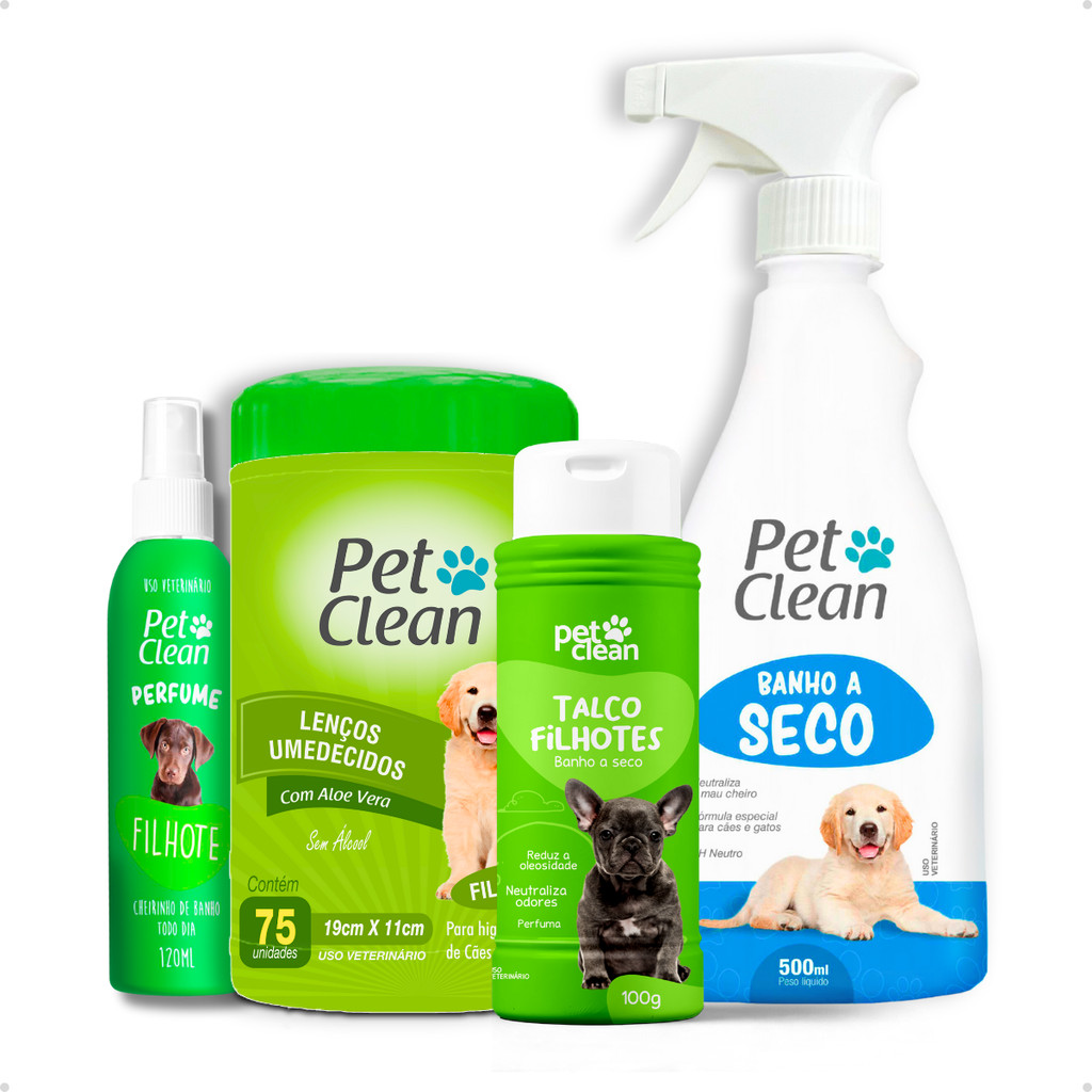 Kit Banho a Seco 500ml Pet Clean Talco Pet Clean 100g Lenço Umedecido 75un Perfume 120ml Pet Clean