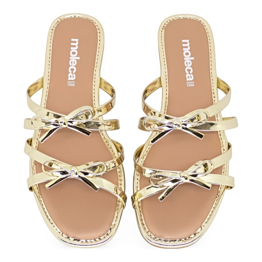Sandalia Rasteira Moleca Feminina Tiras Metalizada Laço Original - Women Shoes