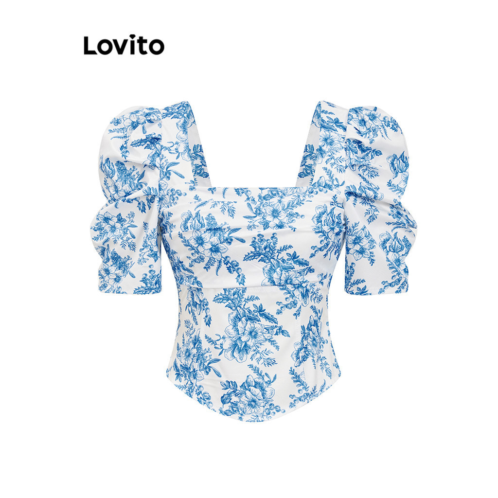 Lovito Casual Blusa Feminina Floral Plissada com Linha Estruturada L80ED113 - Women Clothes