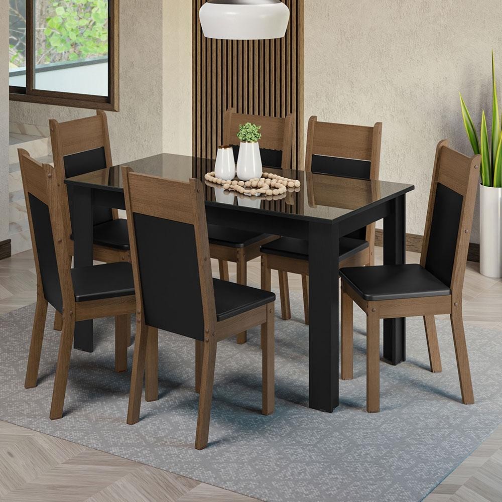 Conjunto Sala de Jantar Mesa Tampo de Vidro 6 Cadeiras Preto/Rustic Dora Madesa em Oferta na Shopee