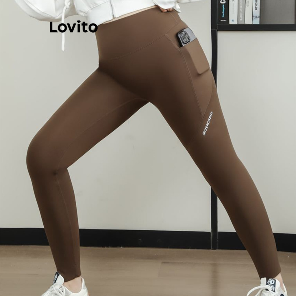 Lovito Leggings esportivas básicas Curze Sporty Pocket plus size para mulheres LNL56179 - Women Clothes