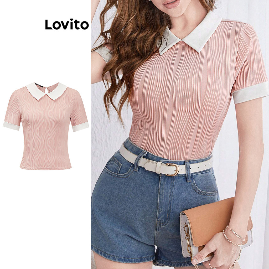 Lovito Camiseta Elegante Lisa Plissada Colorblock Para Mulheres L86ED011 - Women Clothes