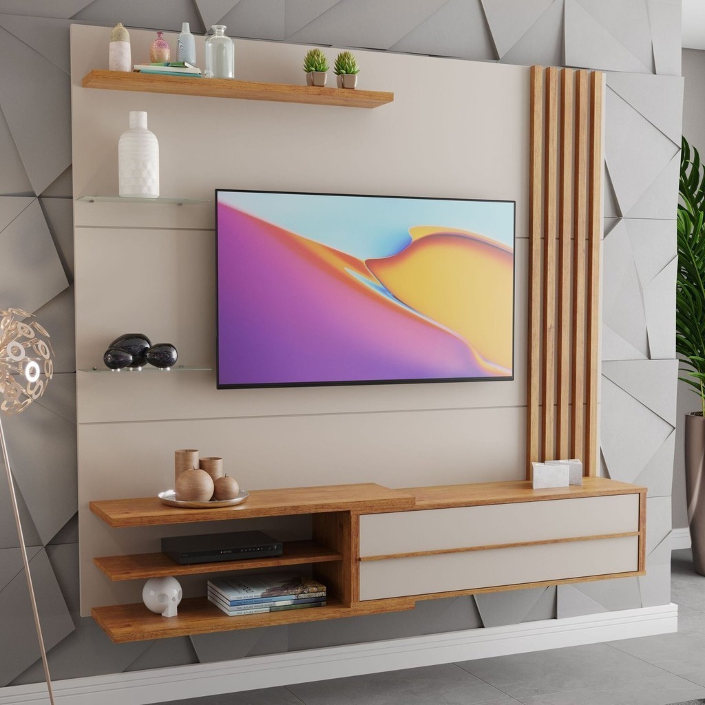 Painel para TV até 65 Polegadas Ripado 1 Porta Basculante Zinder Off White/Mel - Home & Living