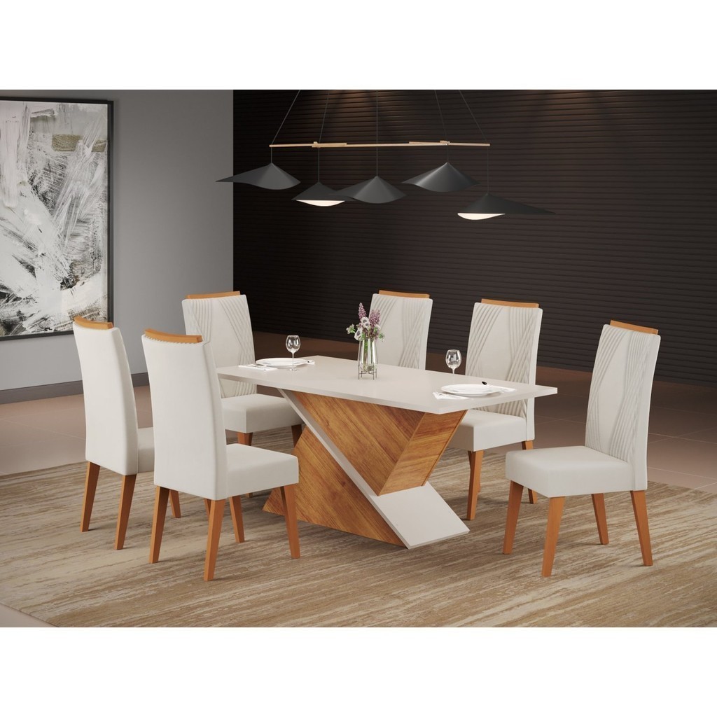 Mesa de Jantar Retangular BMW com 6 Cadeiras Madeira Maciça Vegas  Marfim/Mel em Oferta na Shopee