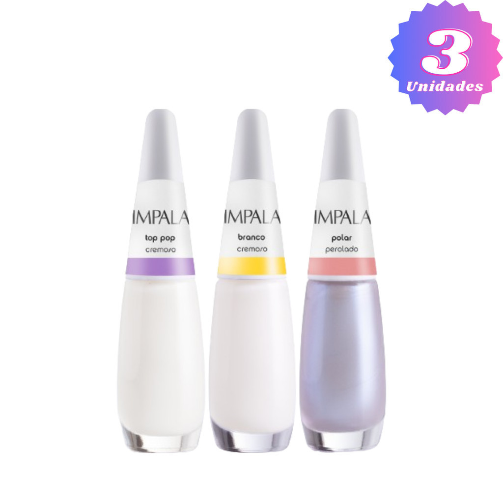 KIT COM 3 ESMALTE IMPALA FRANCESINHA TOP POP, POLAR E BRANCO Nº 08 em Oferta na Shopee