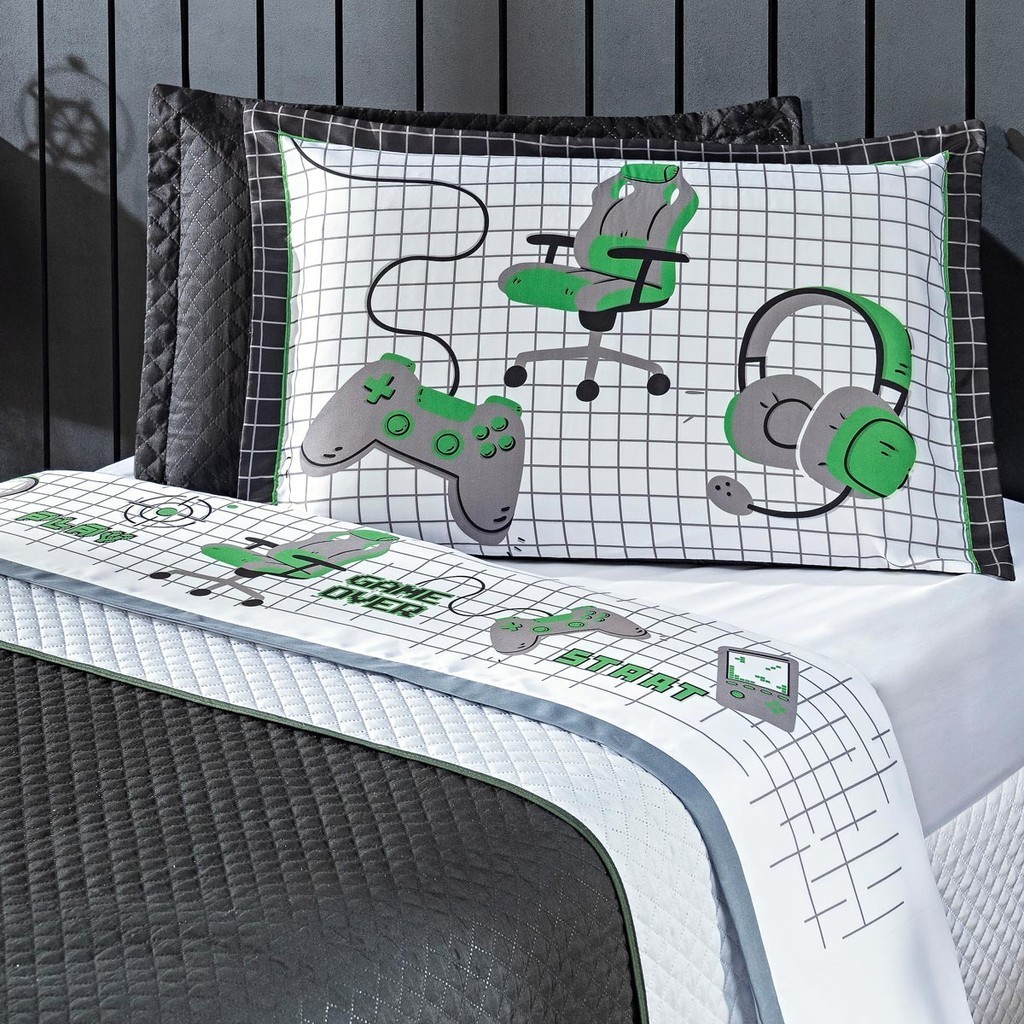 Jogo de Cama Lençol CASAL PADRÃO 04 Peças Game Streamer Branco/Verde com Fronhas Estampadas - Toque Macio Percal 200 Fios Decoração Roupa de Cama Kit Conjunto Gamer Nerd Geek Controle Videogame Infantil Juvenil Quarto Menino Masculino