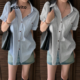 Lovito Casual Blusa Feminina Listrada com Manga Enrolada e Botão Frontal LNE24126 (Azul)