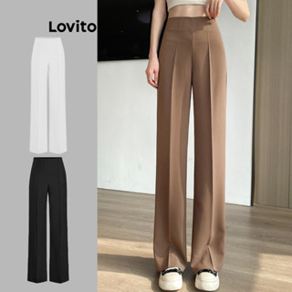 Lovito Casual Calça Feminina Lisa com Pregas L68ED317 (Cáqui/Preto)