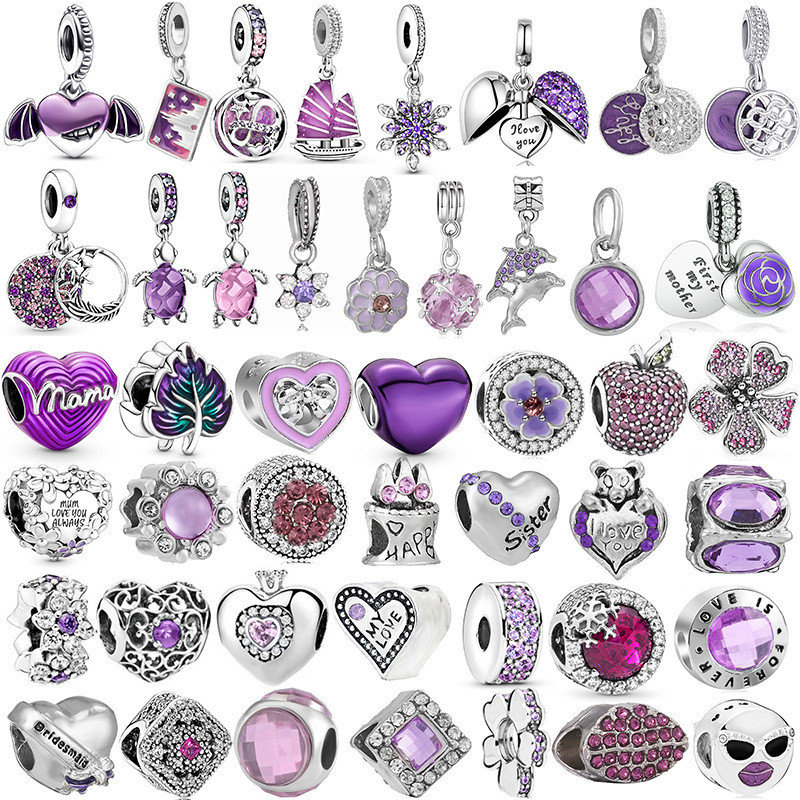 Pulseira de Prata 925 Charms Pan Purple Heart Feather Charms Pulseira DIY