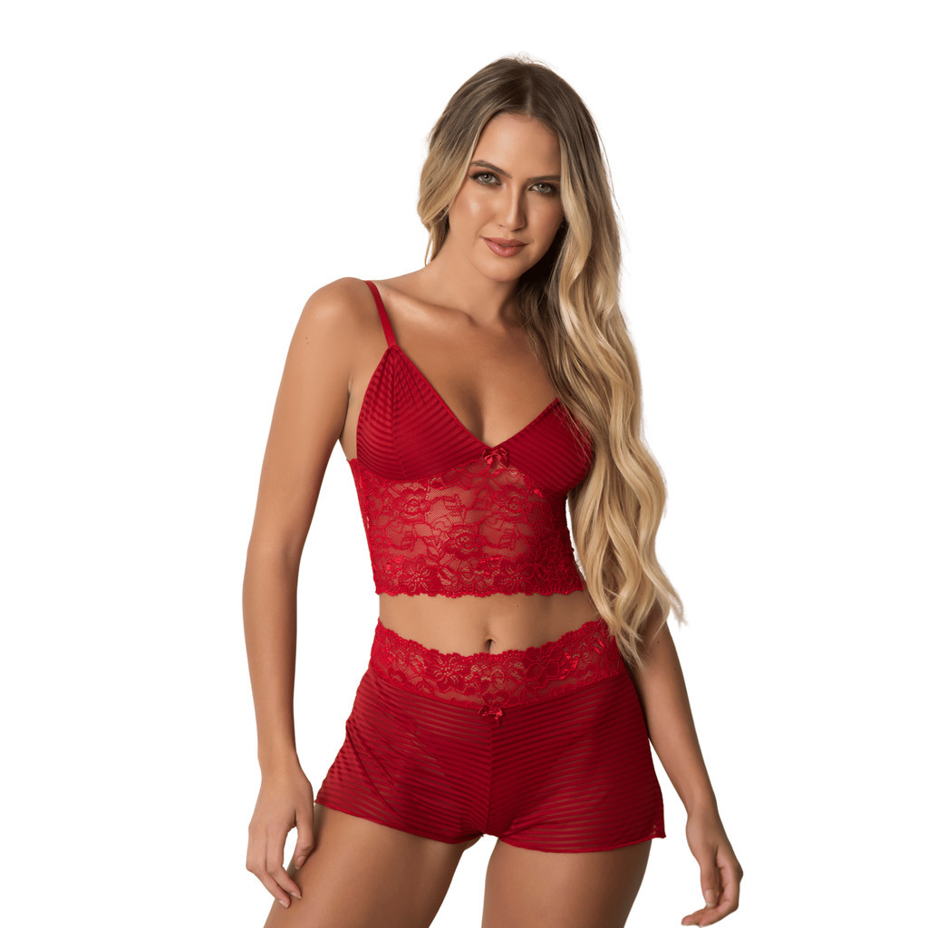 Baby Doll Laura Trio Canelado Sensual Short Doll Sexy Pijama Rendado