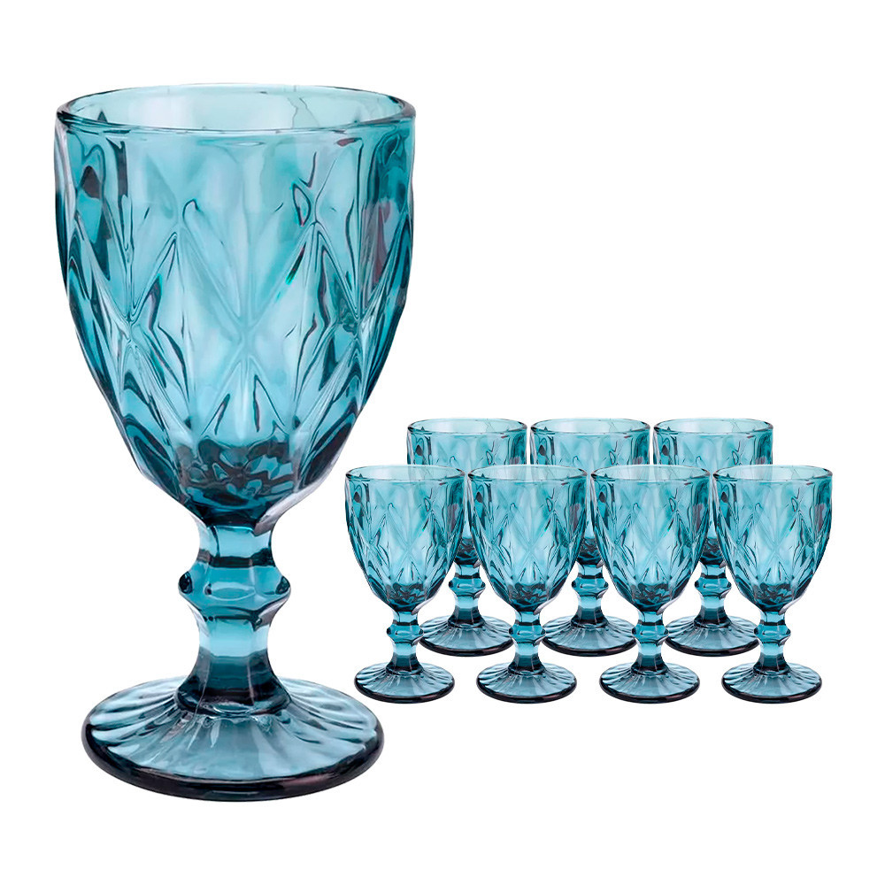 Jogo 8 Taças de Vidro Diamond Diamante Azul 300ml Água Class Home
