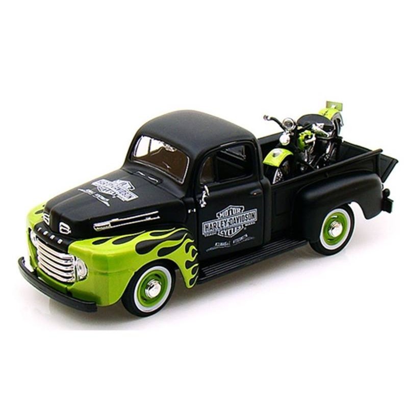 Miniatura Picape Ford F-1 Pickup 1948 - 1:24 c/ FL Panhead (1948) - Harley Davidson - Preta e Verde - 1:24 - Maisto