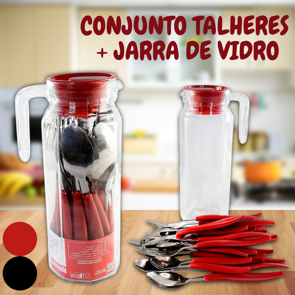 Conjunto de Talheres 24 Peças com Jarra de Vidro Vermelho Preto Decoração Cozinha Faqueiro Jogo Talher Faca Garfo Colher