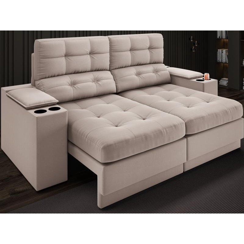 Sofá com Porta Copos e Carregador USB Eureka 1,70m Assento Retrátil e Reclinável Velosuede Bege - NETSOFAS em Oferta na Shopee