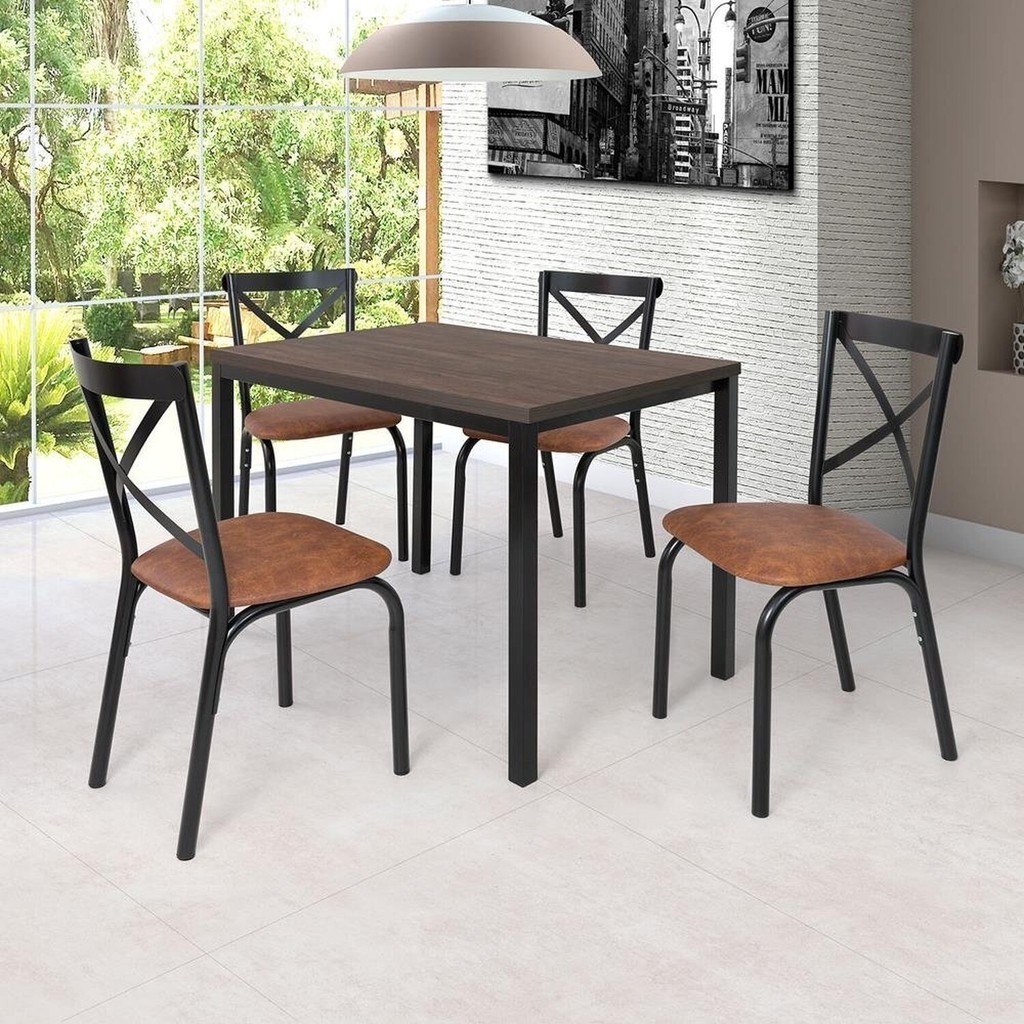 Conjunto Karina Flex 1,10m Tampo Laminado com 4 Cadeiras Preto Fosco/Caramelo/Amêndoa - Home & Living