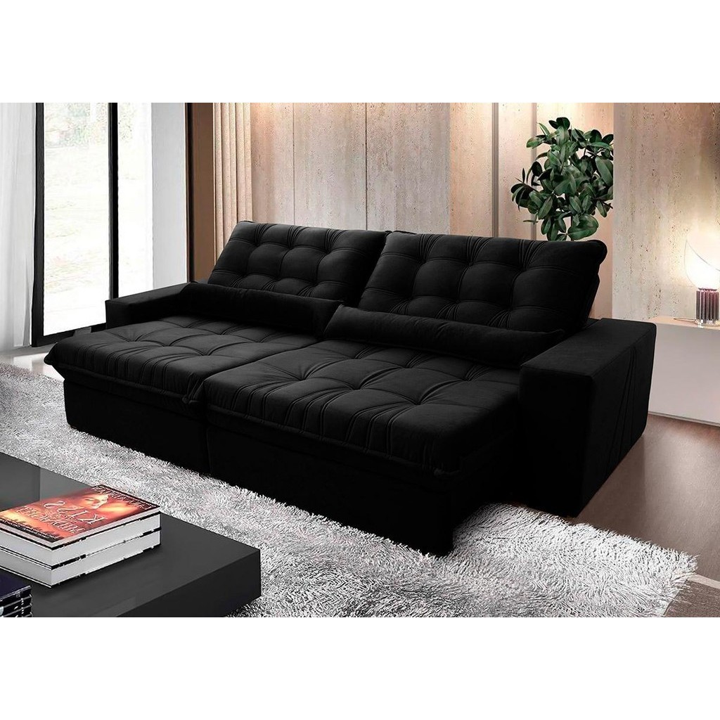 Sofá Retrátil Reclinável Zurique 3,00m Suede Velut Preto  Molas no Assento - King House - Home & Living