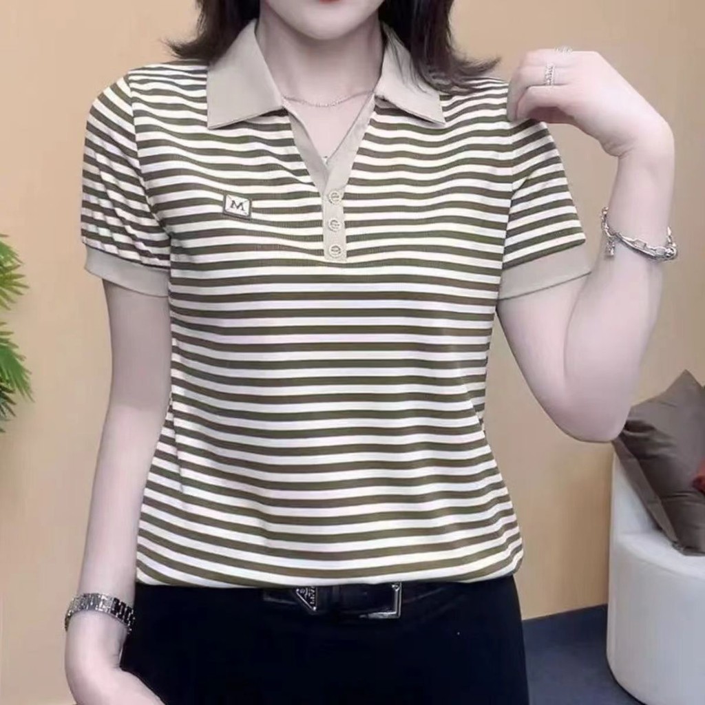 2025 Feminino Verão Novo Solto Versátil Moda Gola Polo Listrado Manga Curta Camiseta