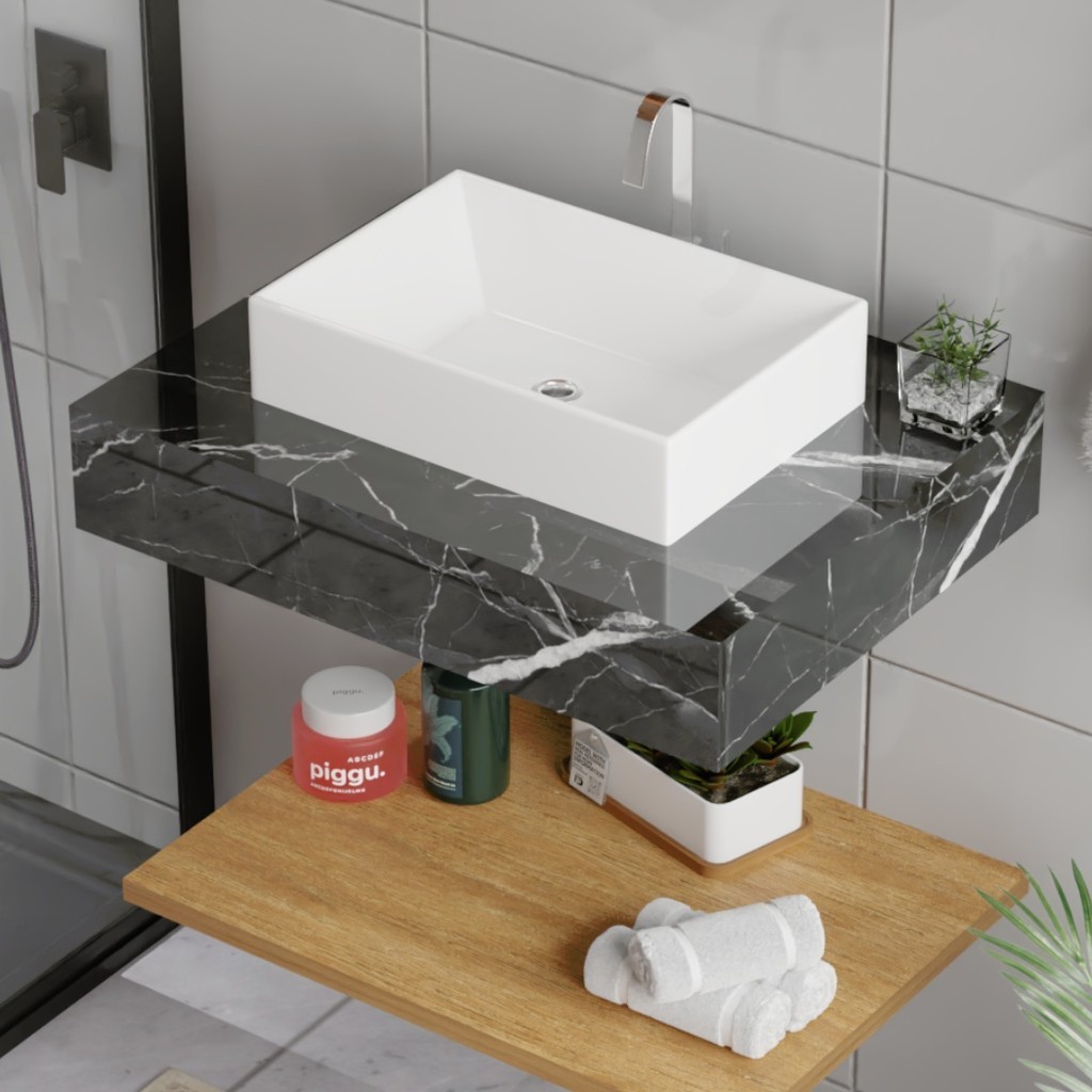 Pia Banheiro 62x40 Porcelanato Kit Cuba e Suportes Elite Escuro Marmorizado Pronto Instalar Lavabo