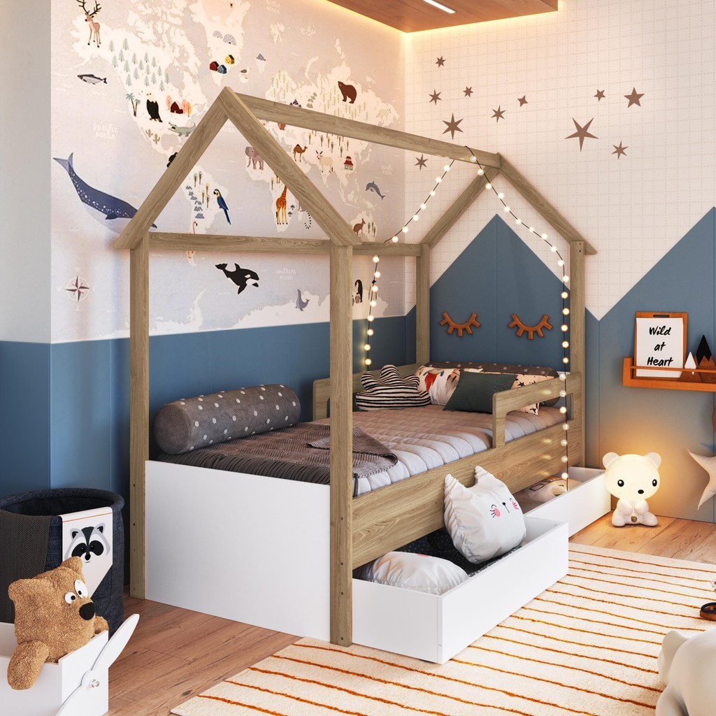Cama Infantil Montessoriana Casa Solteiro Menino/a Proteção Lateral Gaveta com Roda Aveiro/Branco