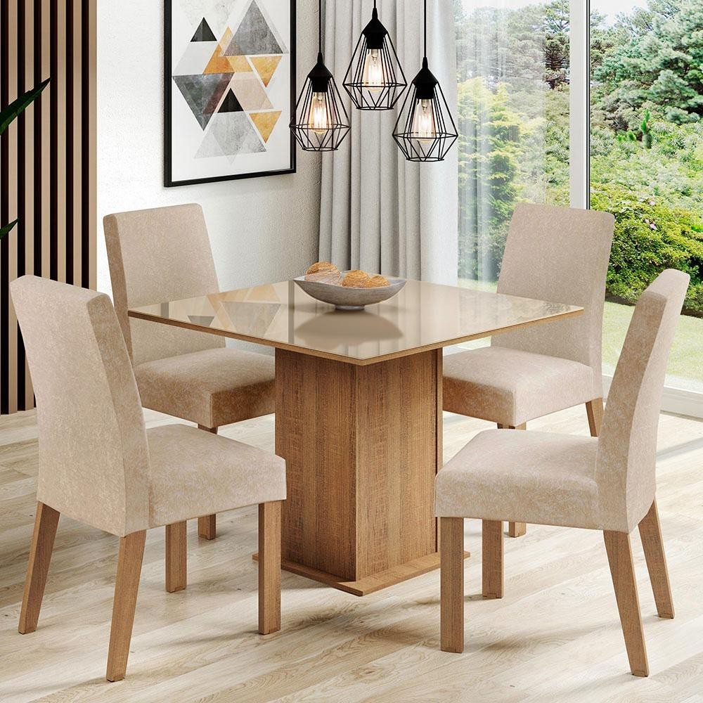 Conjunto Sala de Jantar Madesa Evelin Mesa Tampo de Vidro com 4 Cadeiras - Rustic/Crema/Im...