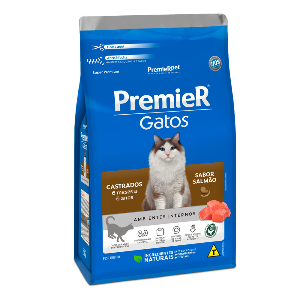 Ração Premier Gatos 6 Meses a 6 Anos Castrados Ambientes Internos Salmão 7,5kg em Oferta na Shopee