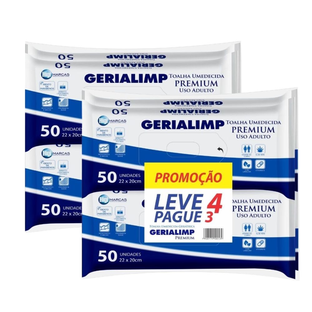 Kit 2 Toalha Umedecida Geriátrica Gerialimp Premium Leve 4 Pague 3 com 50 Unidades cada - Beauty
