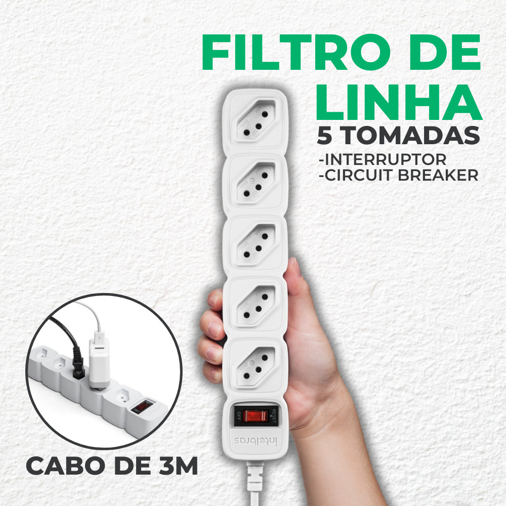 Filtro de Linha Protetor Intelbras 5 Tomadas Epe 205+ Bivolt 3m Branco Extensão